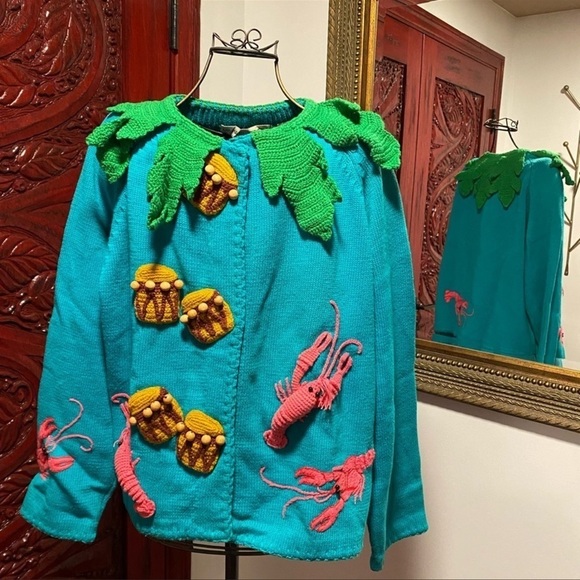 Vintage embroidered Michael Simon sweater cardigan beaded lobster designer rare - Picture 4 of 15